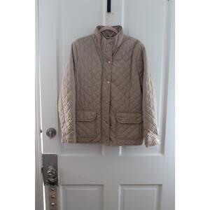 Women's British Khaki Tan Barn Quilted Jacket Size Large Tartan Interior